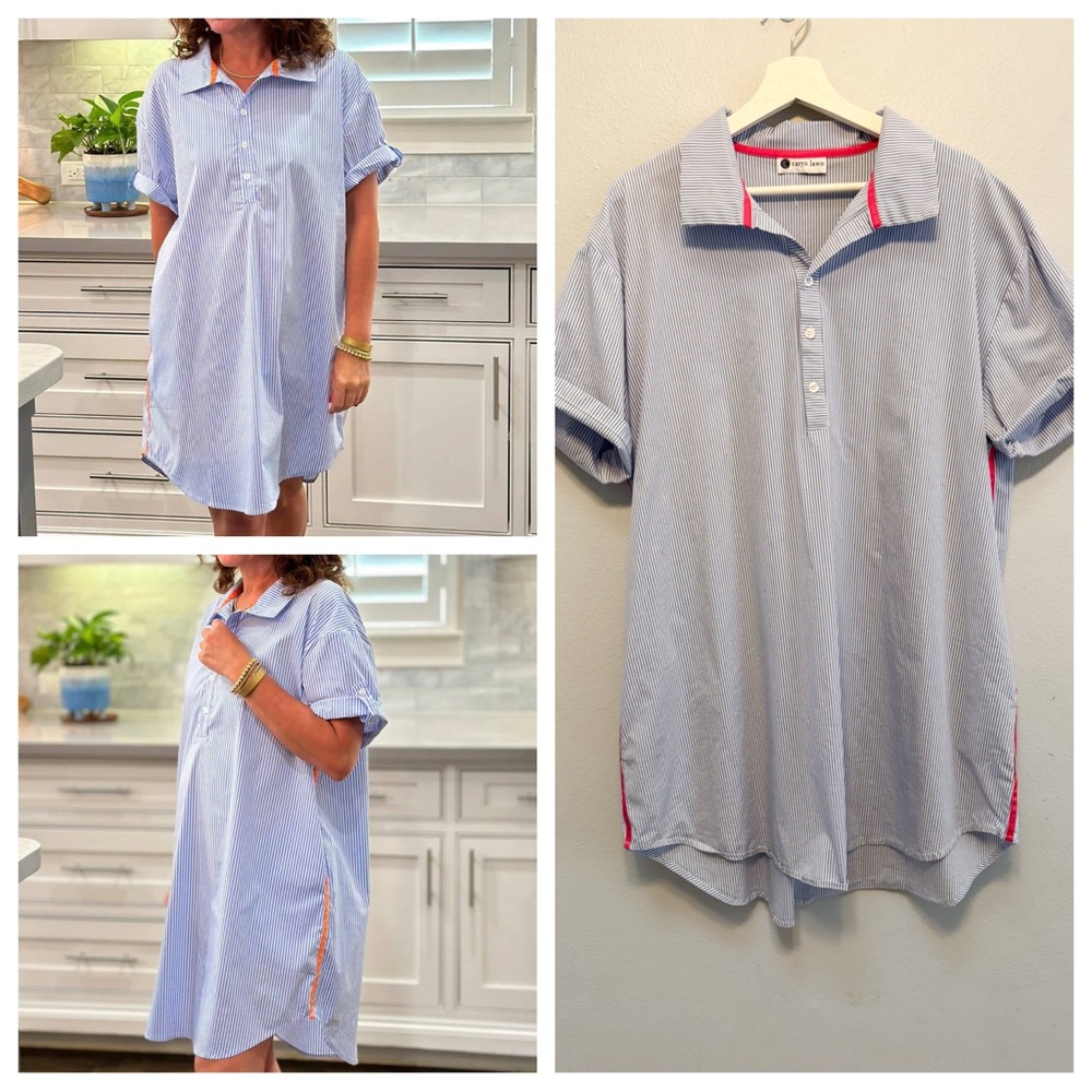 Caryn Lawn Jackie Shirt Dress in Blue Stripe with Pink trim.